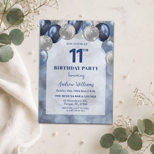 Bokeh Lights 11th Glitter Balloons Birthday Party Invitation