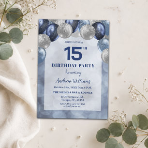 Bokeh Lights 15th Glitter Balloons Birthday Party Invitation