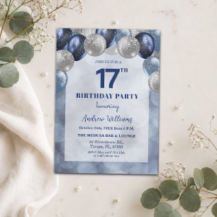 Bokeh Lights 17th Glitter Balloons Birthday Party Invitation