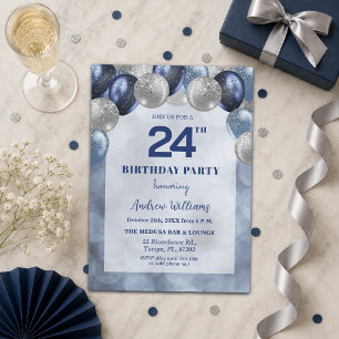 Bokeh Lights 24th Glitter Balloons Birthday Party Invitation