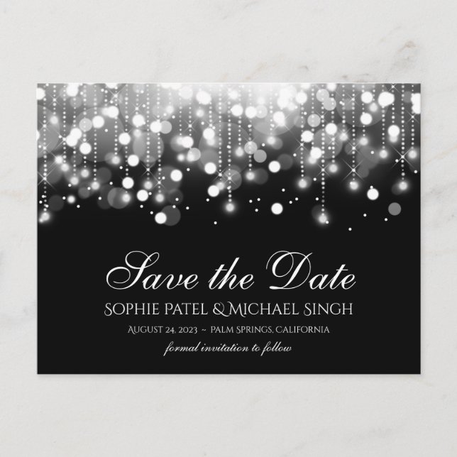 Bokeh Lights Black and White Save the Date Postcard (Front)