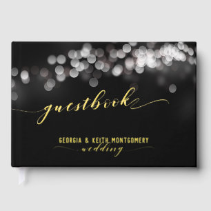 Bokeh Lights Black Gold Script Elegant Wedding Guest Book