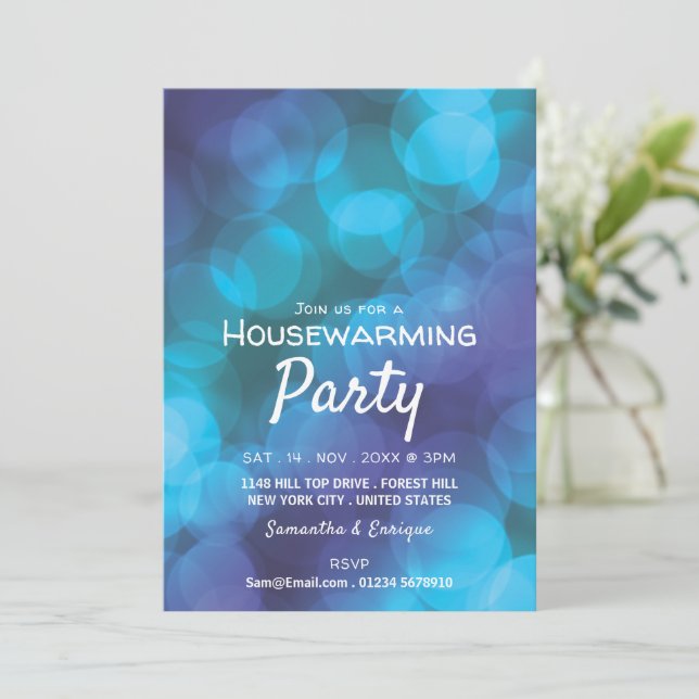 Bokeh Lights, Blue Spot Housewarming Party Invite (Standing Front)