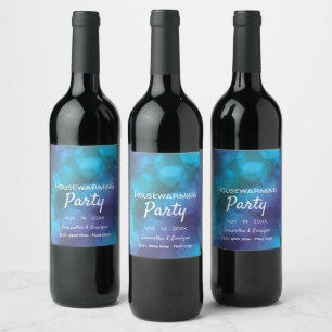 Bokeh Lights, Blue Spot Housewarming Party Wine Label