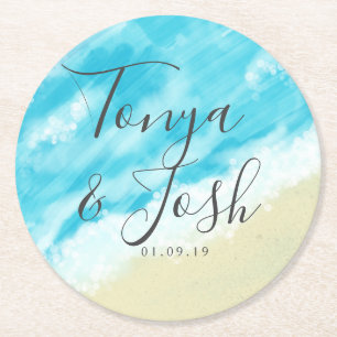 Bokeh Lights Modern Watercolor Beach Wedding Round Paper Coaster