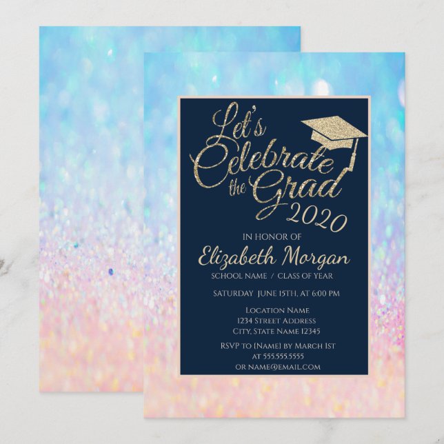 Bokeh Ombre Glitter Graduation Cap Graduation Invitation (Front/Back)