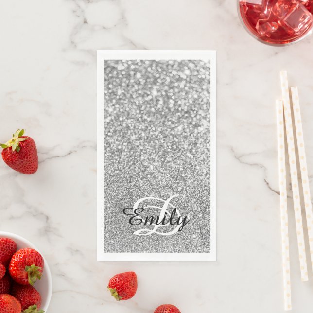Bokeh Silver Glitter Personalised Monogram Napkin (Insitu)