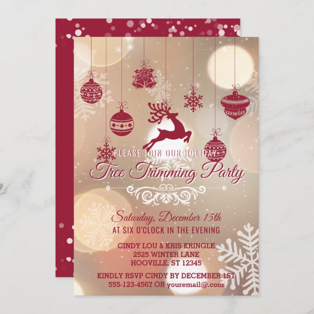 Bokeh Snowflakes Red Holiday Tree Trimming Party Invitation (Front/Back)