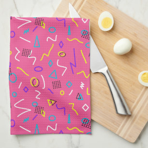 Bold 1980s Memphis Style Shapes on Pink Pattern Tea Towel