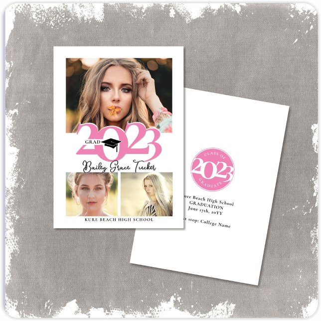 Bold 2023 GRAD Cap 3-Photo Collage Pink Graduation Announcement (Creator Uploaded)