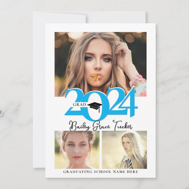 Bold 2024 Grad Cap 3-Photo Collage Blue Graduation Announcement (Front)