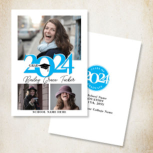 Bold 2024 GRAD Cap 3-Photo Sky Blue Graduation Announcement
