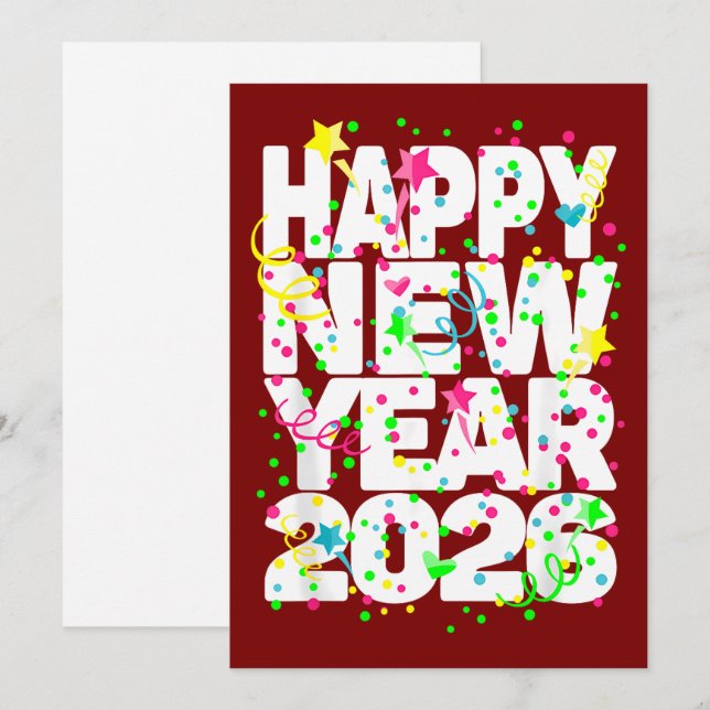 Bold 2026 New Year Greeting in Red with Confetti  Holiday Card (Front/Back)