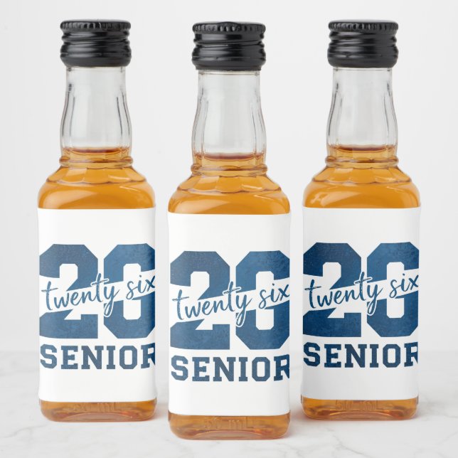Bold “26 Senior” Blue Typography Design  Liquor Bottle Label (Bottles)