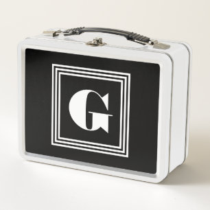 Bold 3 Frame Monogram Black & White Metal Lunch Box