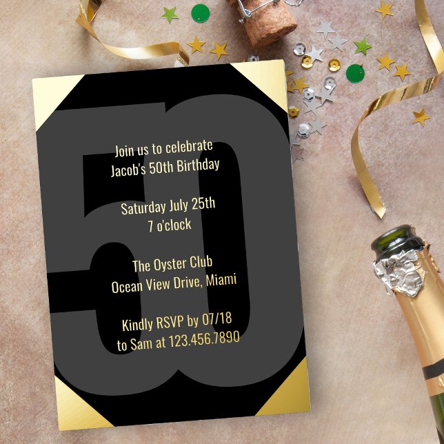 Bold 50th Birthday Luxe Black and Gold (Luxe 50th Birthday Invitation in black and gold with Bold Oversized Number and Typography)