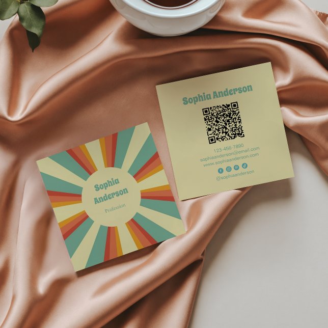 Bold 70s Style with Custom QR Code - Retro Brust Square Business Card (Creator Uploaded)