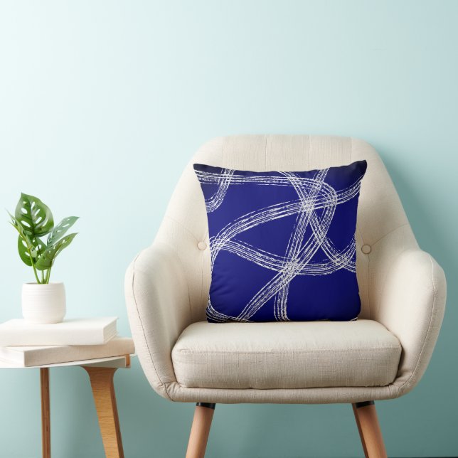 bold abstract art white lines on dark blue  cushion (Chair)