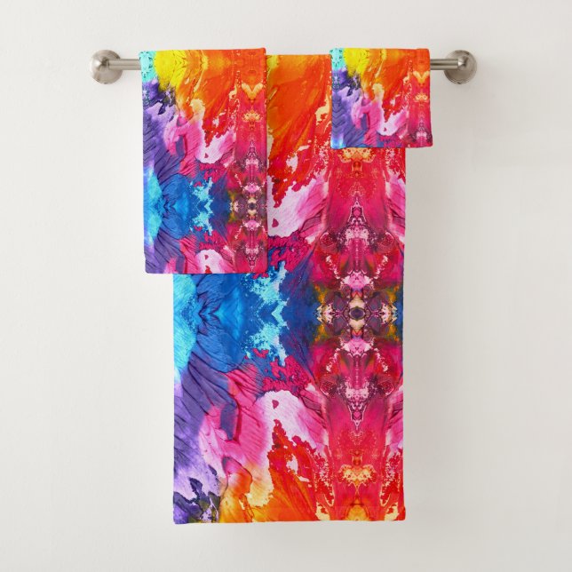 Bold Abstract Bath Towel Set in Purple Pink Orange (Insitu)
