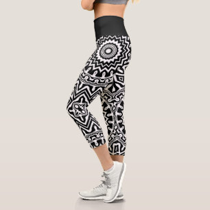 Bold Abstract Black and White Mandala Pattern Capri Leggings