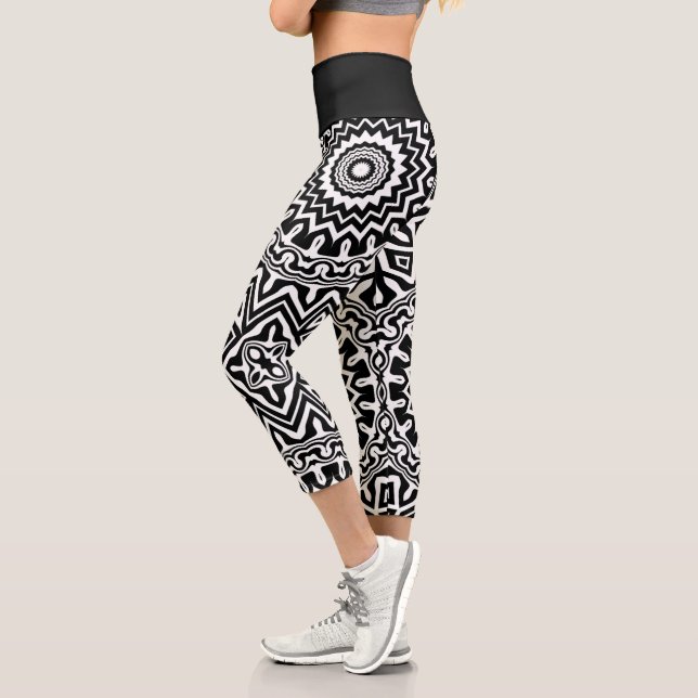 Bold Abstract Black and White Mandala Pattern Capri Leggings (Left)