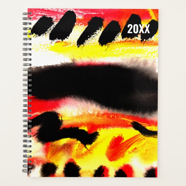 Bold Abstract Black Red Yellow Flowing Colours Planner (Front)