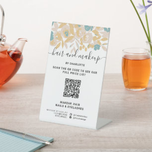 Bold abstract chic floral makeup digital QR price Pedestal Sign
