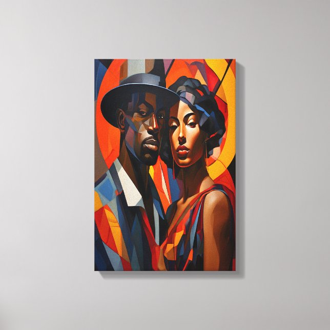 Bold Abstract Cubism Couple Portrait – Modern Art Canvas Print (Front)