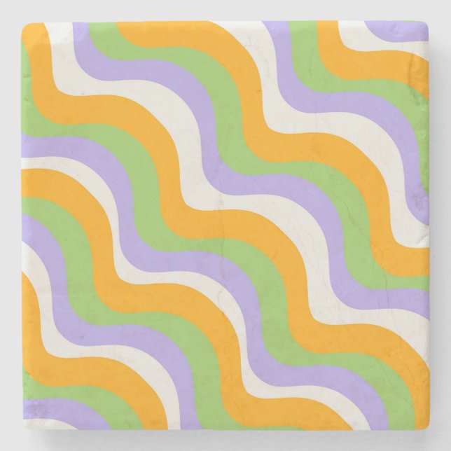 Bold Abstract Green Orange Purple Retro Wavy  Stone Coaster (Front)