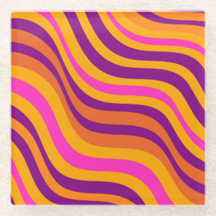 Bold Abstract Orange Purple Wavy Stripe Retro  Glass Coaster