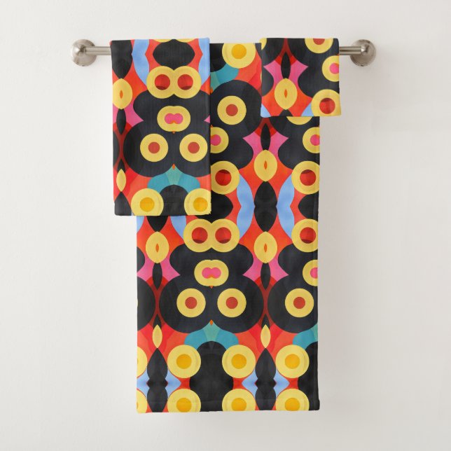 Bold abstract orange yellow bath towel set (Insitu)