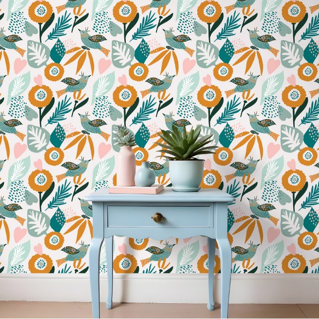 Bold Abstract Tropical Birds & Floral Pattern Wallpaper (Bold Abstract Tropical Birds & Floral Pattern Wallpaper)
