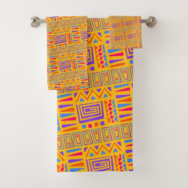 Bold African Folk Art Pattern - Colourful Geometri Bath Towel Set (Insitu)