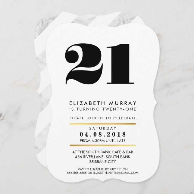 BOLD AGE NUMBER minimal black & marble 21st INVITE (Front/Back)