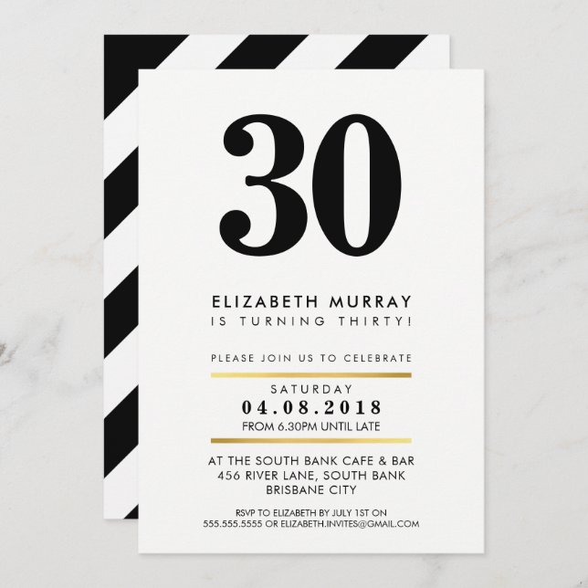 BOLD AGE NUMBER minimal black white 30TH INVITE (Front/Back)