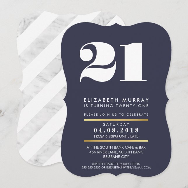 BOLD AGE NUMBER minimal navy white 21st INVITE (Front/Back)