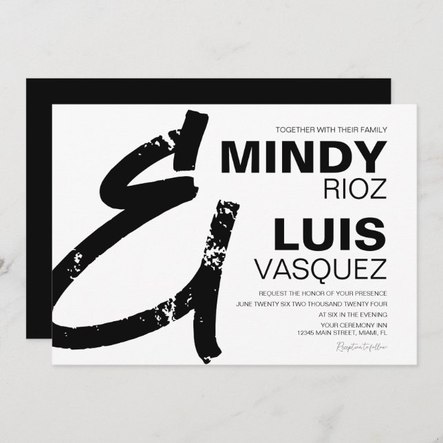 BOLD AMPERSAND Grunge Black White Wedding Invitation (Front/Back)