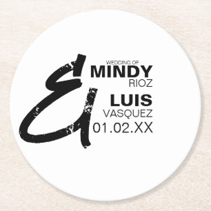 BOLD AMPERSAND Grunge Black White Wedding Round Paper Coaster