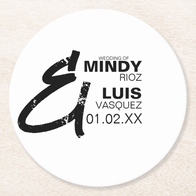 BOLD AMPERSAND Grunge Black White Wedding    Round Paper Coaster (Front)