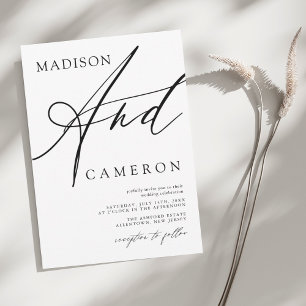 Bold "And" Calligraphy Black and White Wedding Invitation