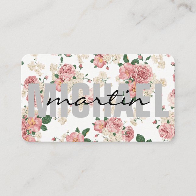 Bold and Cursive Text Floral Pattern Business Card (Front)