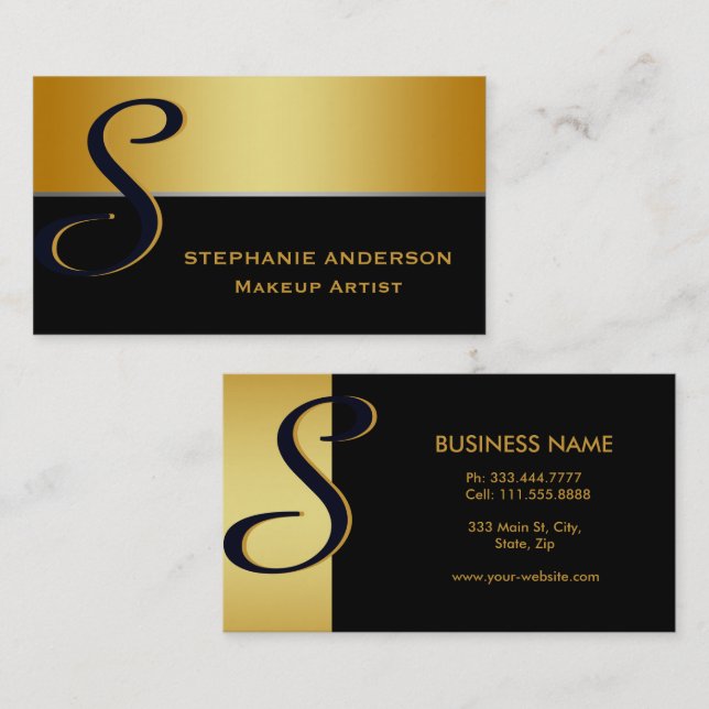Bold and Elegant Black Gold Striped Makeup Artist Business Card (Front/Back)
