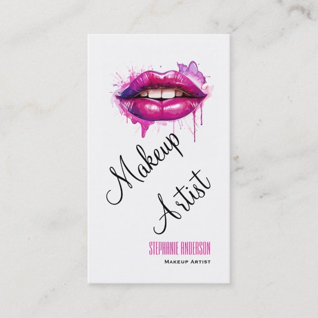 Bold and Elegant Pink Lips Makeup Artist Business Card (Front)