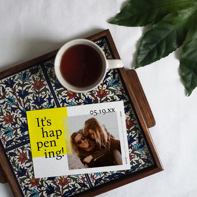 Bold and Joyful Save the Date Photo Card (Front of "It's Happening!" save the date)