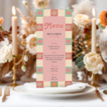 Bold and Retro Groovy Wedding  Menu<br><div class="desc">This bold wedding menu embraces a groovy 70s theme, featuring vibrant florals paired with a retro chequered pattern on the front and back, and space for you to add your own menu details and initials. This design is perfect for couples who love vintage charm with a modern twist. Ideal for...</div>