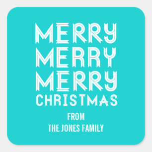Bold Aqua and White Merry Christmas Gift Labels