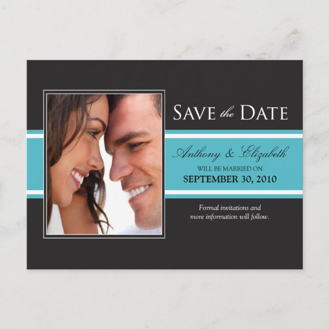 Bold Aqua Stripe Save the Date Postcard (Front)