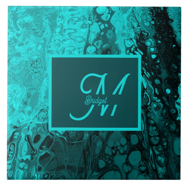 Bold Aqua Teal Marble Monogram Tile (Front)