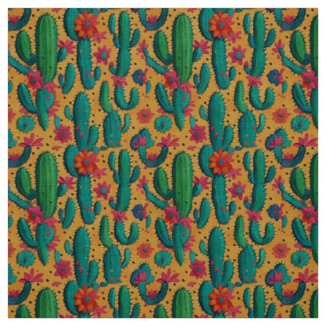 Bold Arizona Saguaro Flowering Cactus Fabric (Swatch)