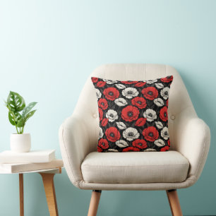 Bold Art Deco Poppies in Red and Black Cushion